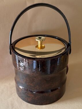 Vintage Tortoise Shell Ice Bucket MCM Barware with gold lid